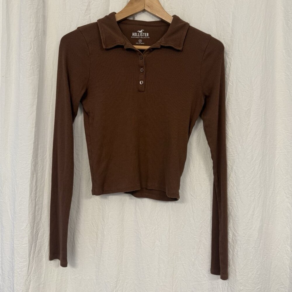 Hollister Brown Long Sleeve Ribbed Knit Crop Y2K Style‎ Top - Size Medium